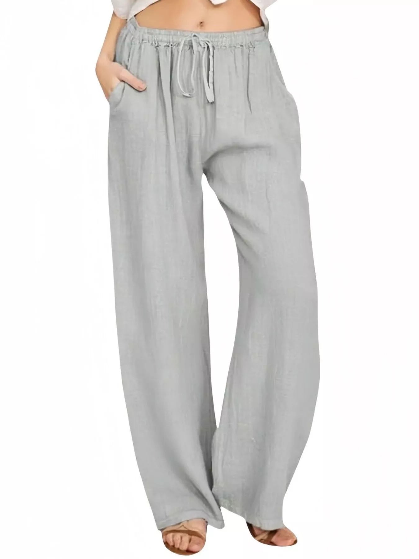 Sarah Express Women's Casual Wide Leg Pants with Drawstring Light Gray