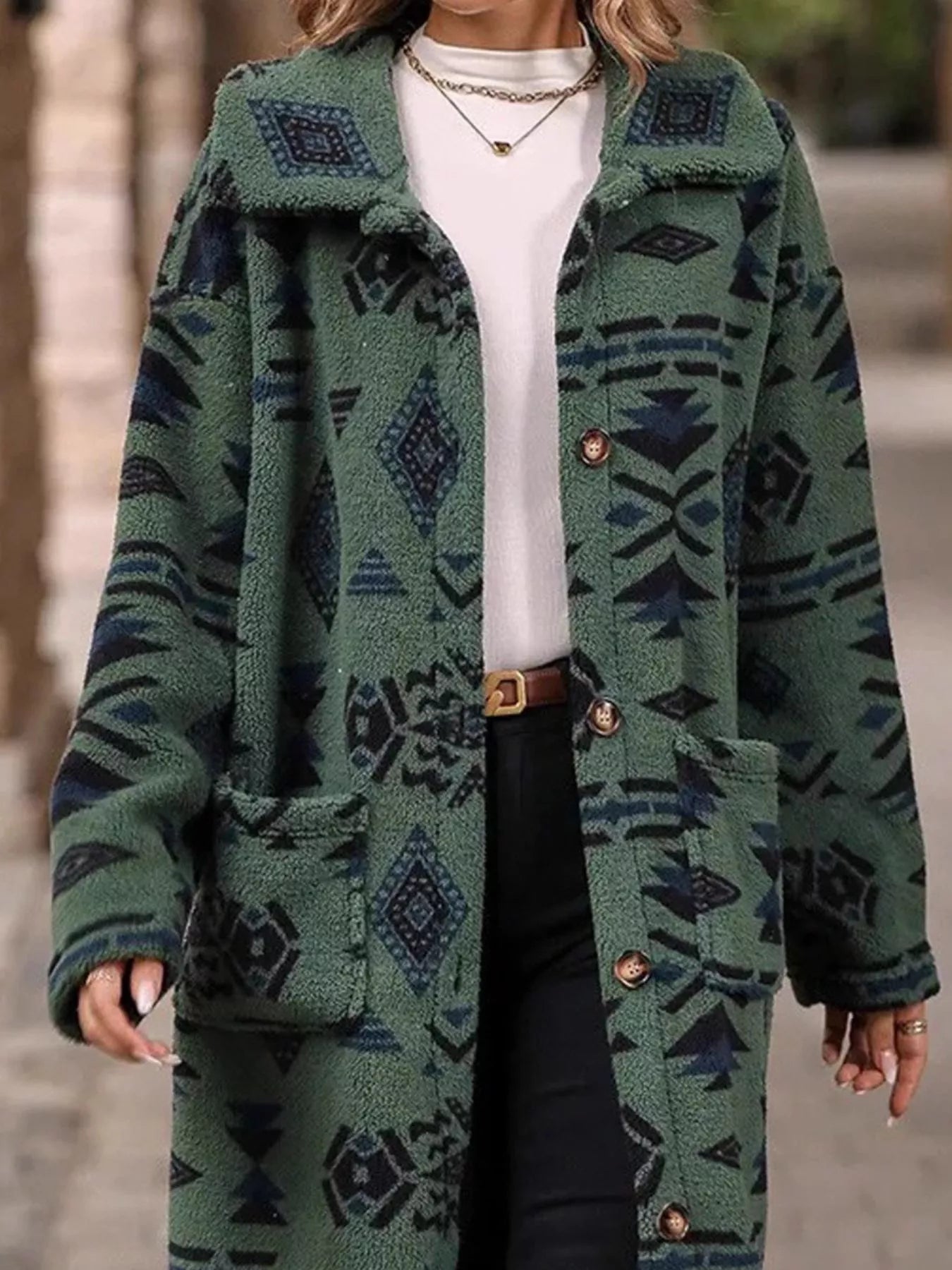 Sarah Express Women's Geometric Button Up Longline Coat - Oversized Trench Coat with Pockets