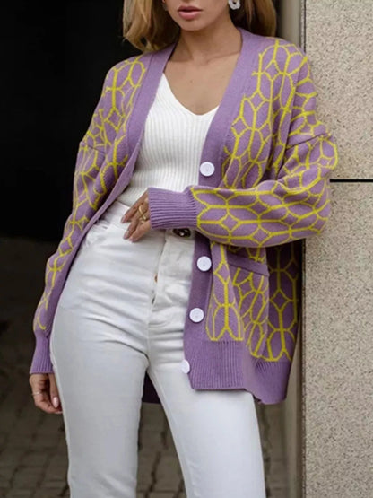 Sarah Express Women's Geometric Patterned Button-Down Cardigan - Cozy Knit Sweater