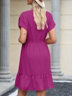 Sarah Express Women's V-Neck Short Sleeve Drawstring Ruffle Babydoll Dress