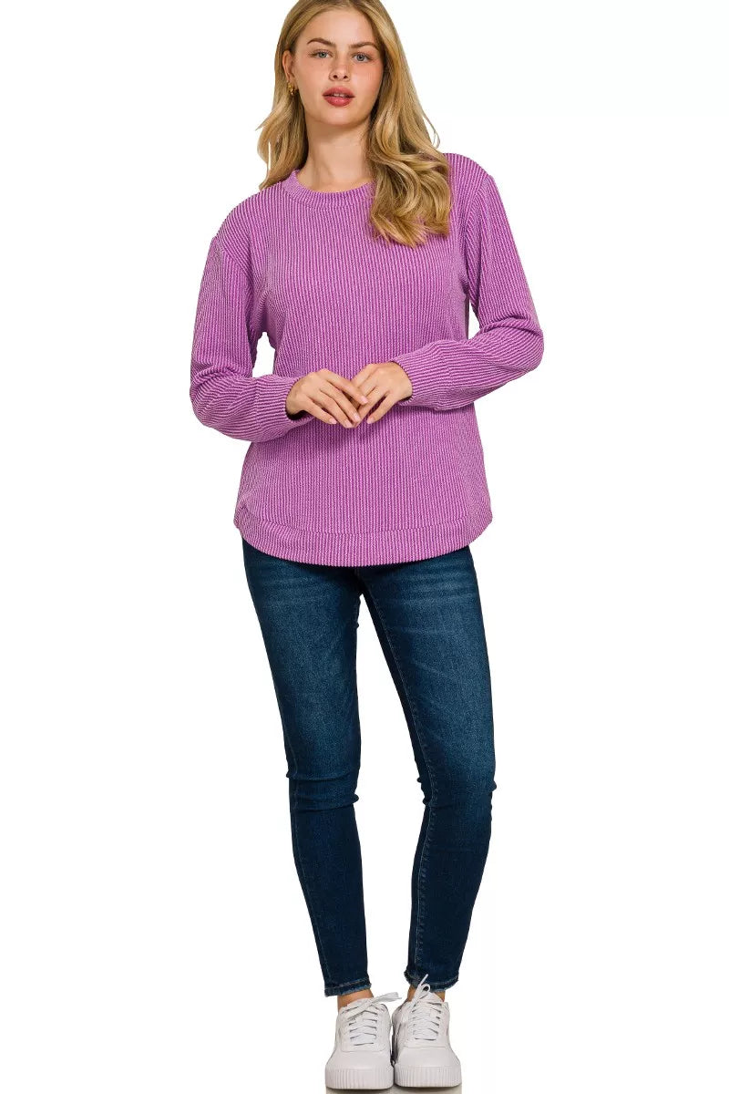 Sarah Express Women’s Plus Size Raised Rib Long Sleeve Top Casual All-Season