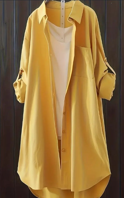 Sarah Express Long Sleeve Button Front Shirt Solid Pocket Detail