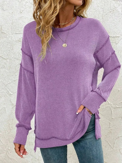 Sarah Express Women's Side Slit Round Neck Sweatshirt