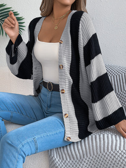 Sarah Express Women's Color Block Stripe Cardigan Sweater with Bell Sleeves - Long Sleeve Knit Coat