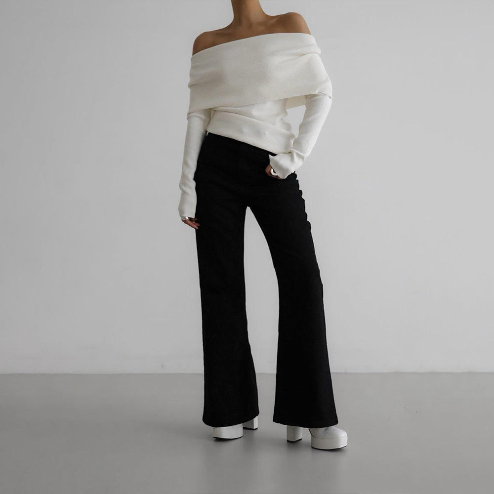 Sarah Express Women's Off-Shoulder Knitted Long Sleeve Top Slim Fit Pullover Sweater