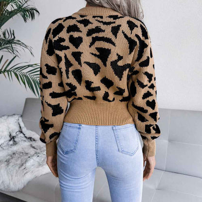 Sarah Express Women's Leopard Print Cropped Sweater - Cinched Knit Long Sleeve Top