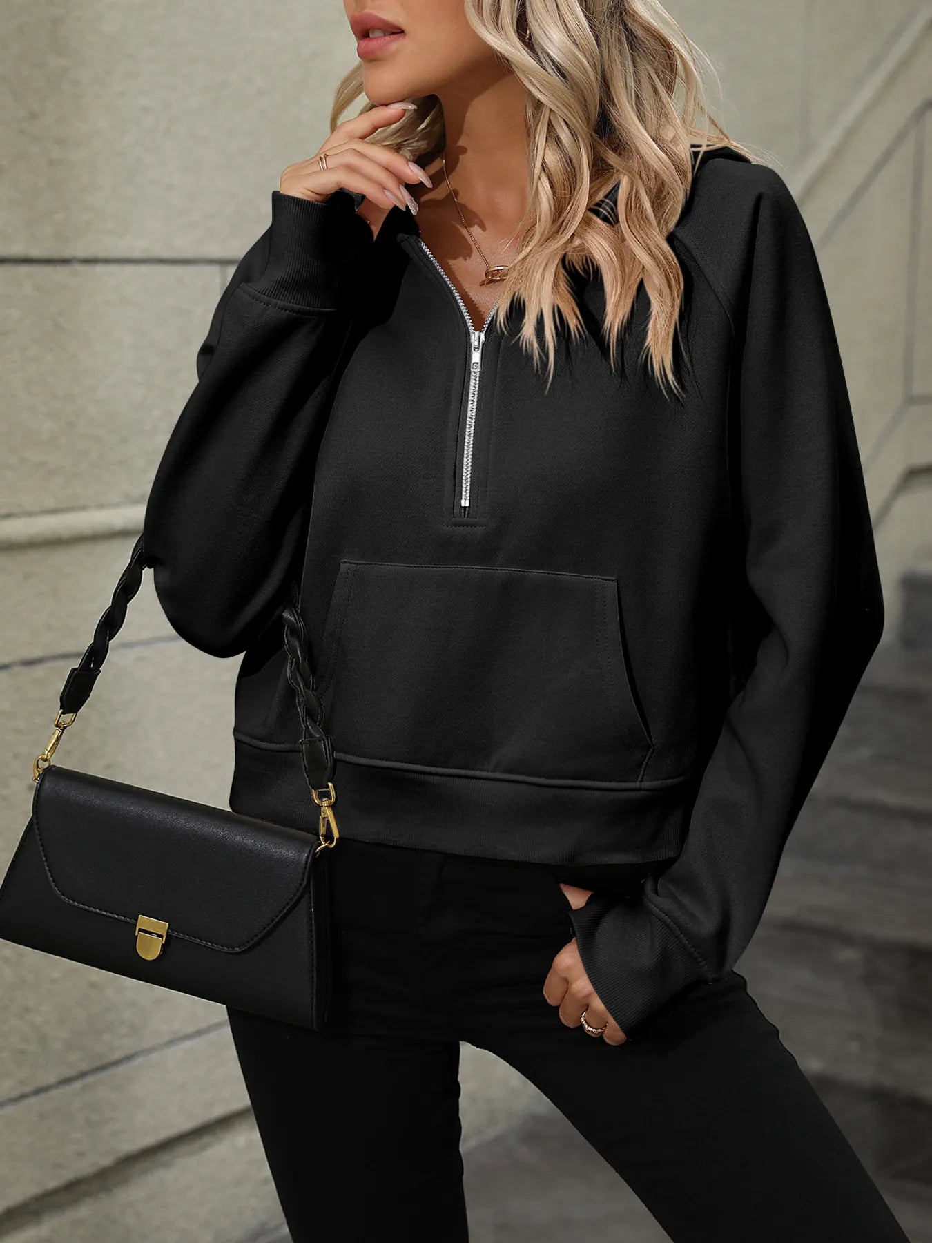 Sarah Express Women's Half-Zip Hoodie with Kangaroo Pocket - Casual Activewear Pullover Black