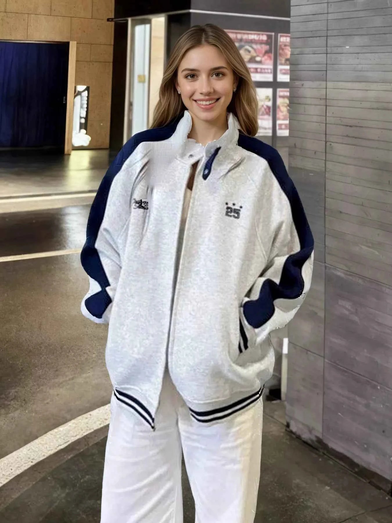 Sarah Express Women's Zip Up Color Block Jacket - Pocketed Lightweight Outerwear Gray