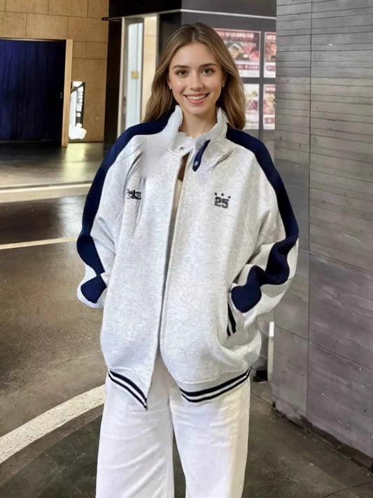 Sarah Express Women's Zip Up Color Block Jacket - Pocketed Lightweight Outerwear Gray