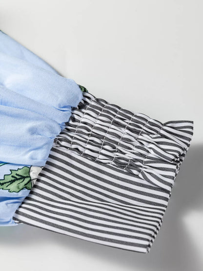 Sarah Express Women's Floral Print Contrast Striped Trim Ruffled V Neck Fall Blouse