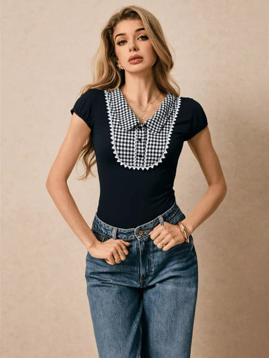 Sarah Express Women's Gingham Collar Slim Fit Blouse Black