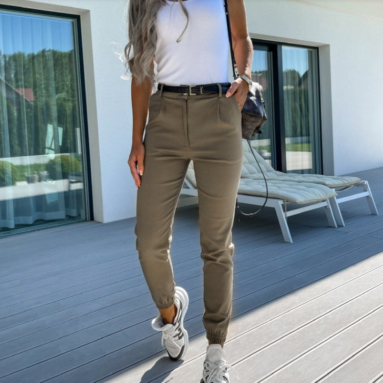 Sarah Express High Waist Slim Fit Cotton Blend Cropped Pants with Pockets