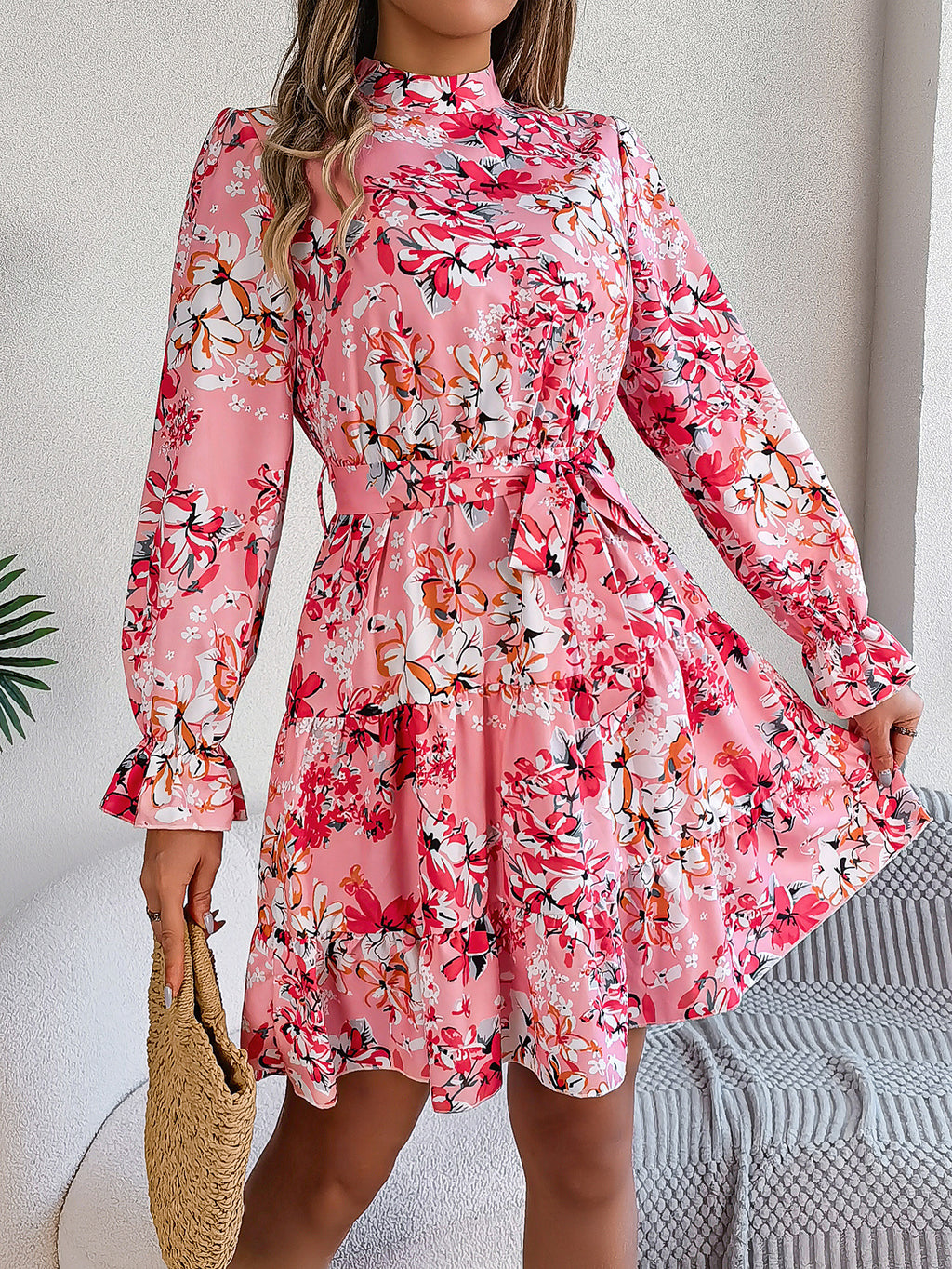 Women's Floral Print A-Line Dress - Standing Collar Long Sleeve Ruffle Dress