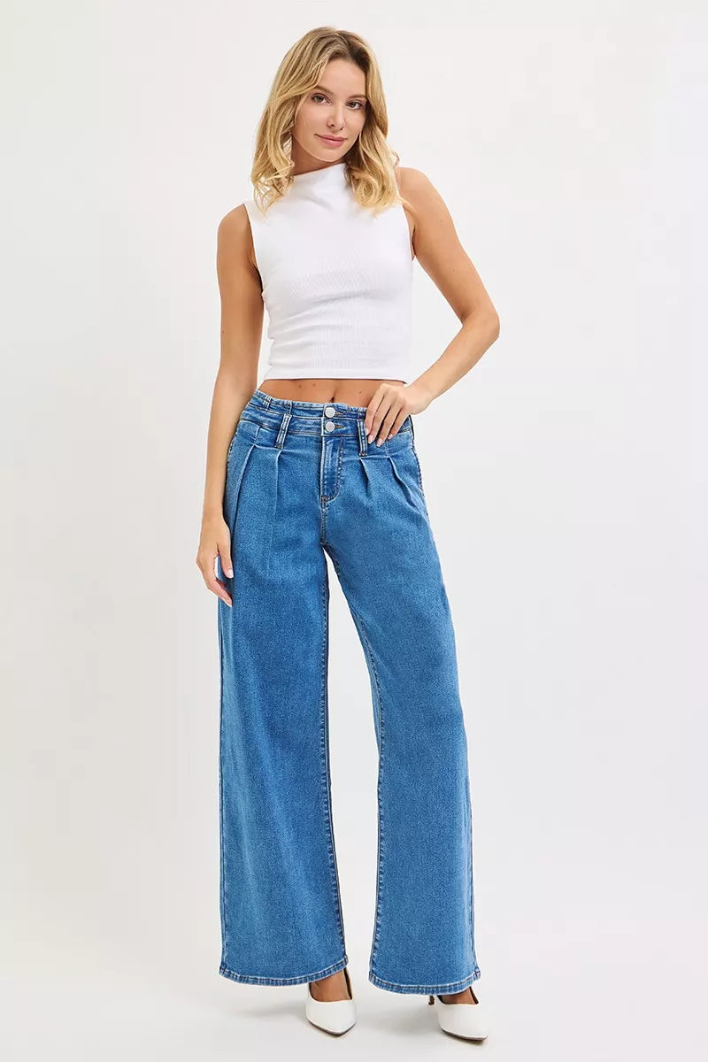 Sarah Express Women’s Plus Size Mid Rise Wide Leg Jeans with Pleated Detail
