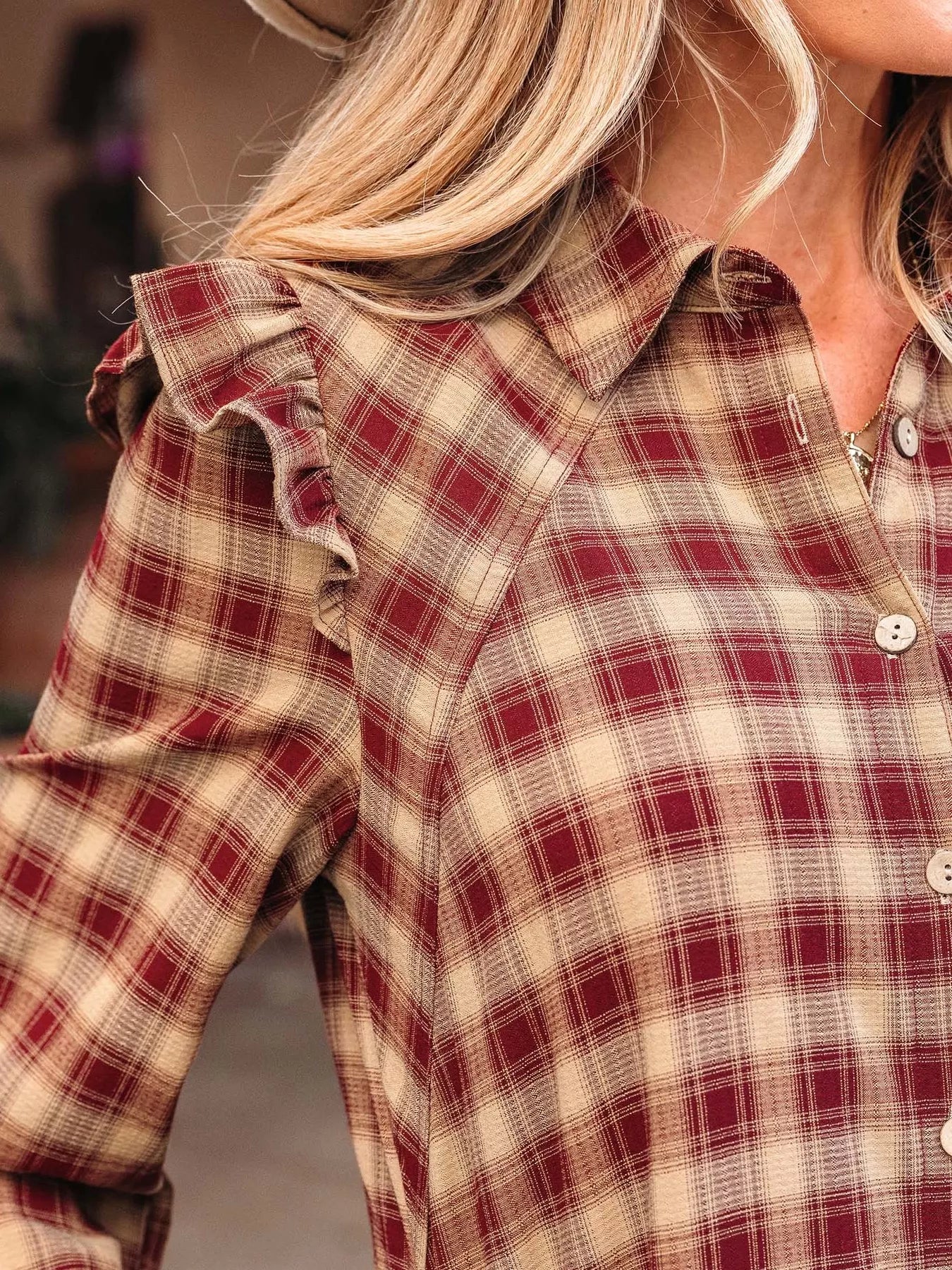 Sarah Express Women's Plaid Print Ruffled Mini Shirt Dress - Long Sleeve Button Front Patchwork Hem