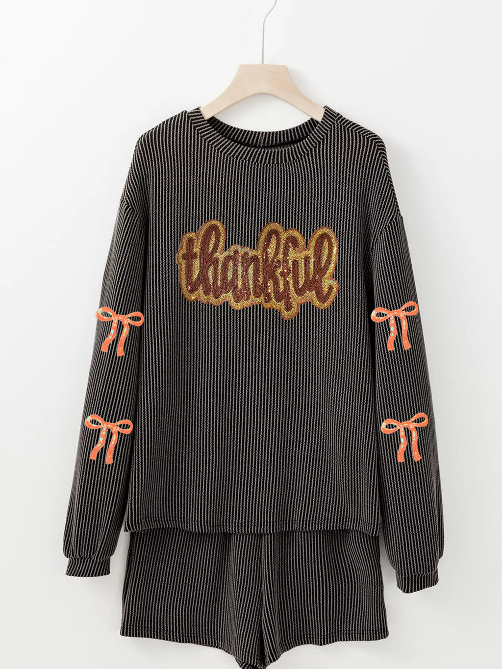 Sarah Express Women's Thankful Letter Patched Sequin Bow Sleeve Twisted Ribbed Top and Short Set