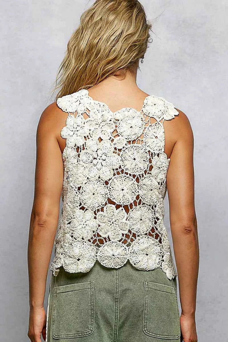 Sarah Express Women's Floral Crochet Crop Top - Sleeveless Round Neck Lace Summer Top