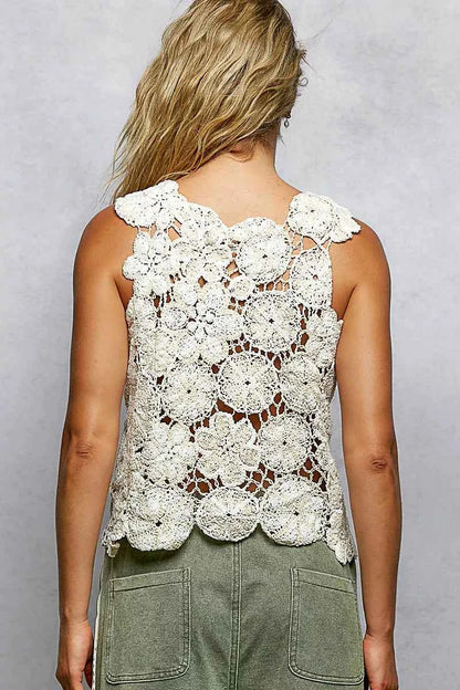 Sarah Express Women's Floral Crochet Crop Top - Sleeveless Round Neck Lace Summer Top
