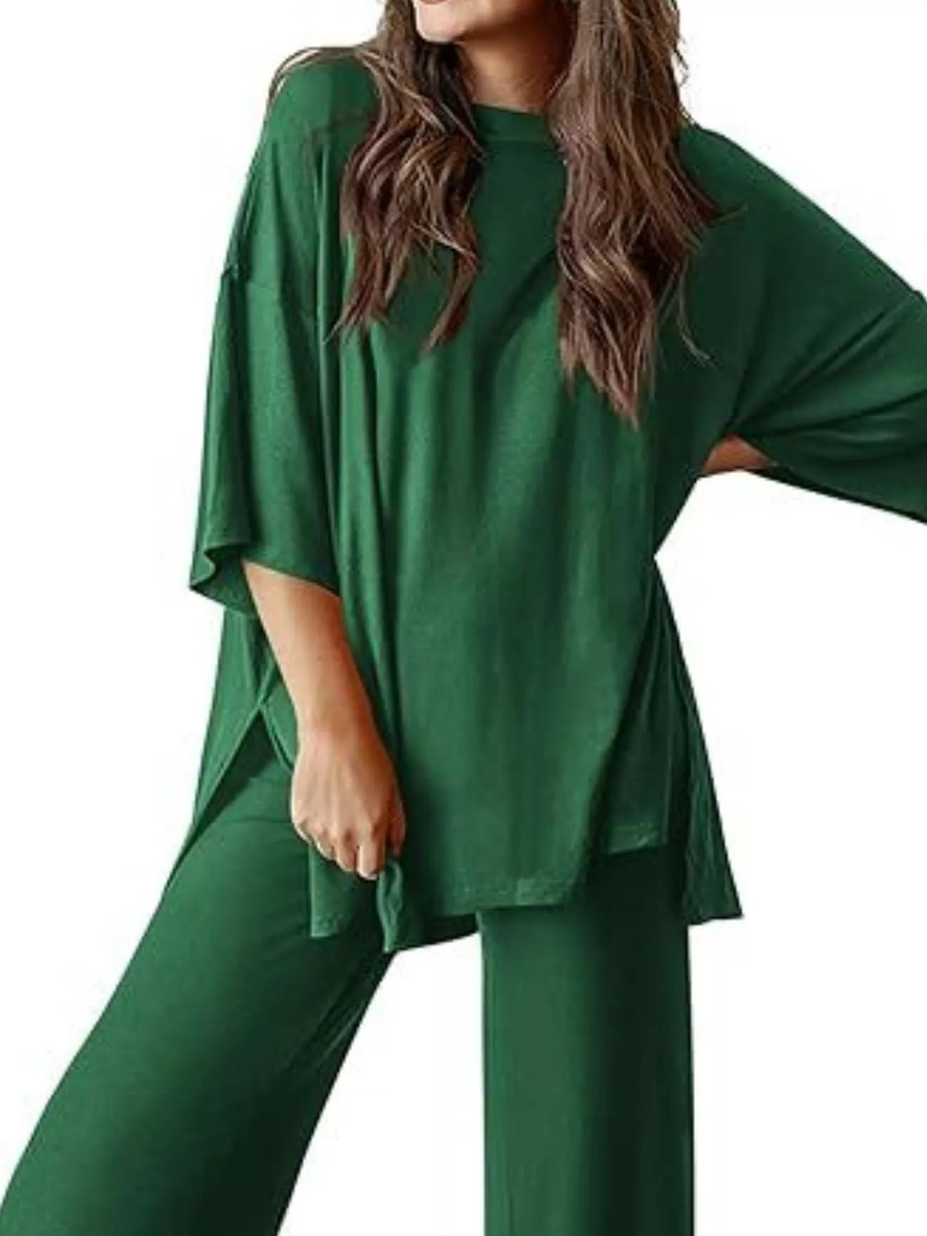 Sarah Express Women's Two Piece Slit Round Neck Top and Pants Set - Casual Loungewear Outfit Dark Green
