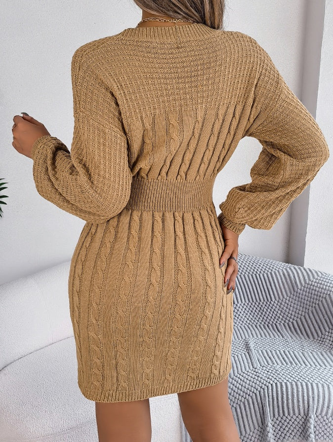 Sarah Express Women's Cable Knit Hollow Out Lantern Sleeve Bodycon Sweater Dress