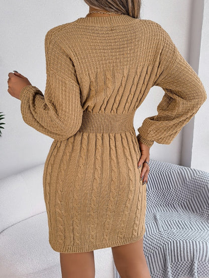 Sarah Express Women's Cable Knit Hollow Out Lantern Sleeve Bodycon Sweater Dress