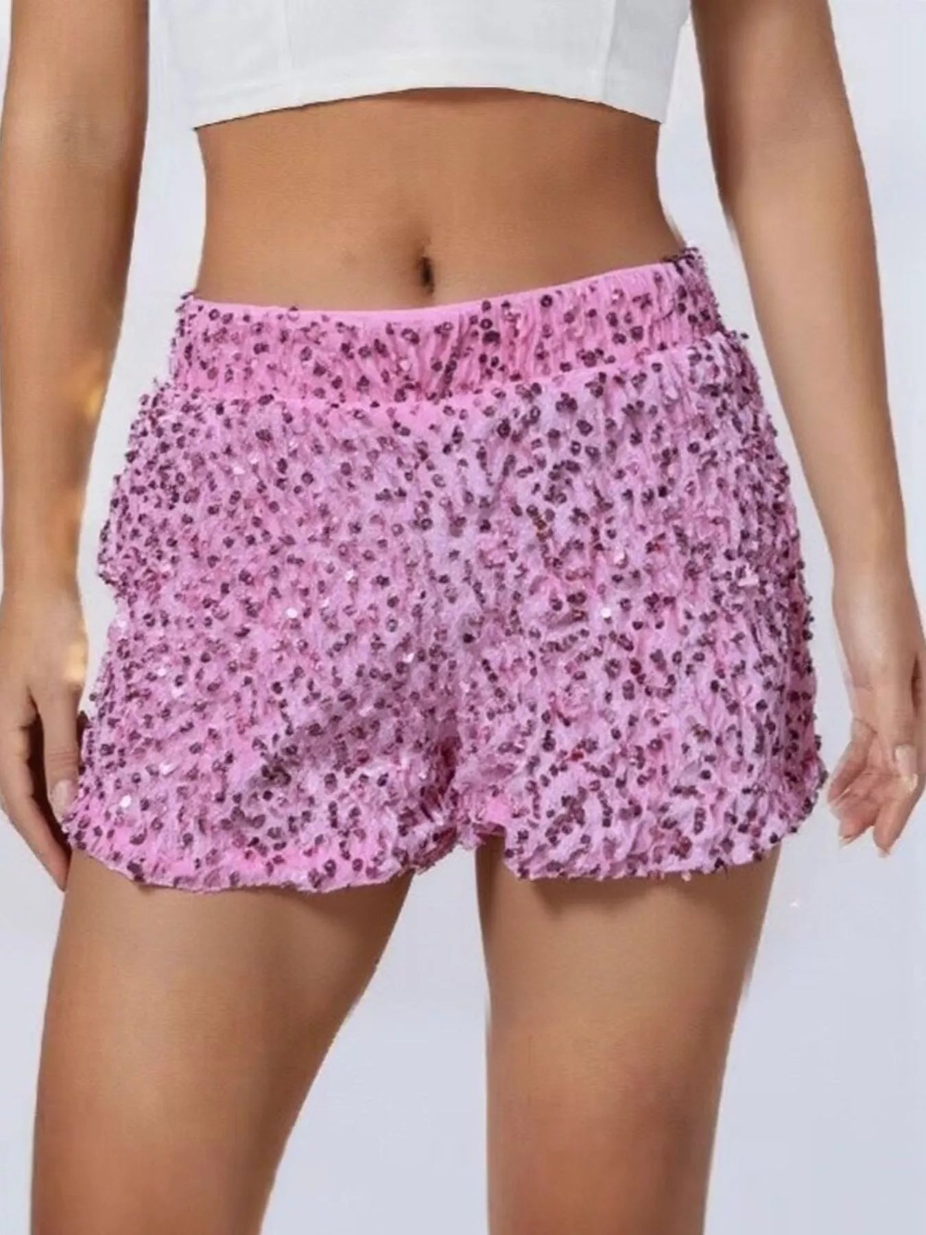 Sarah Express Women's Sequin Embellished High Waist Shorts - Party & Festival Wear Pink