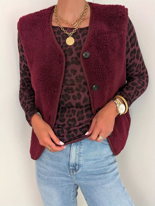 Sarah Express Women's Fleece Button-Down Vest Coat Burgundy