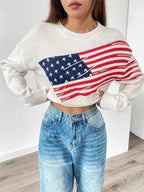 Sarah Express Women's US Flag Round Neck Long Sleeve Sweater