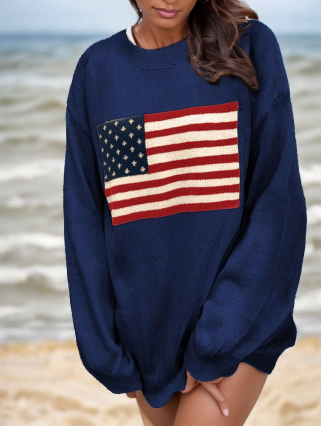 Sarah Express USA Flag Drop Shoulder Long Sleeve Sweater Women