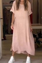 Sarah Express Women's Loose Cotton Linen Maxi Dress Short Sleeve Casual Relaxed Fit