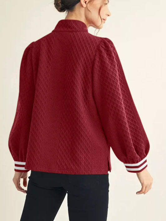 Sarah Express Women's Striped Trim Zipper Blouse