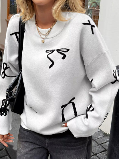 Sarah Express Women's Bow Round Neck Dropped Shoulder Sweater | Cozy Knit Top