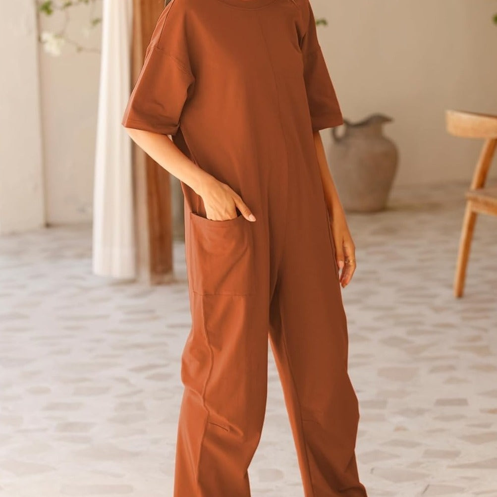 Sarah Express Women's V-Neck Jumpsuit Stretch Polyester with Pockets Casual Spring Summer One-Piece