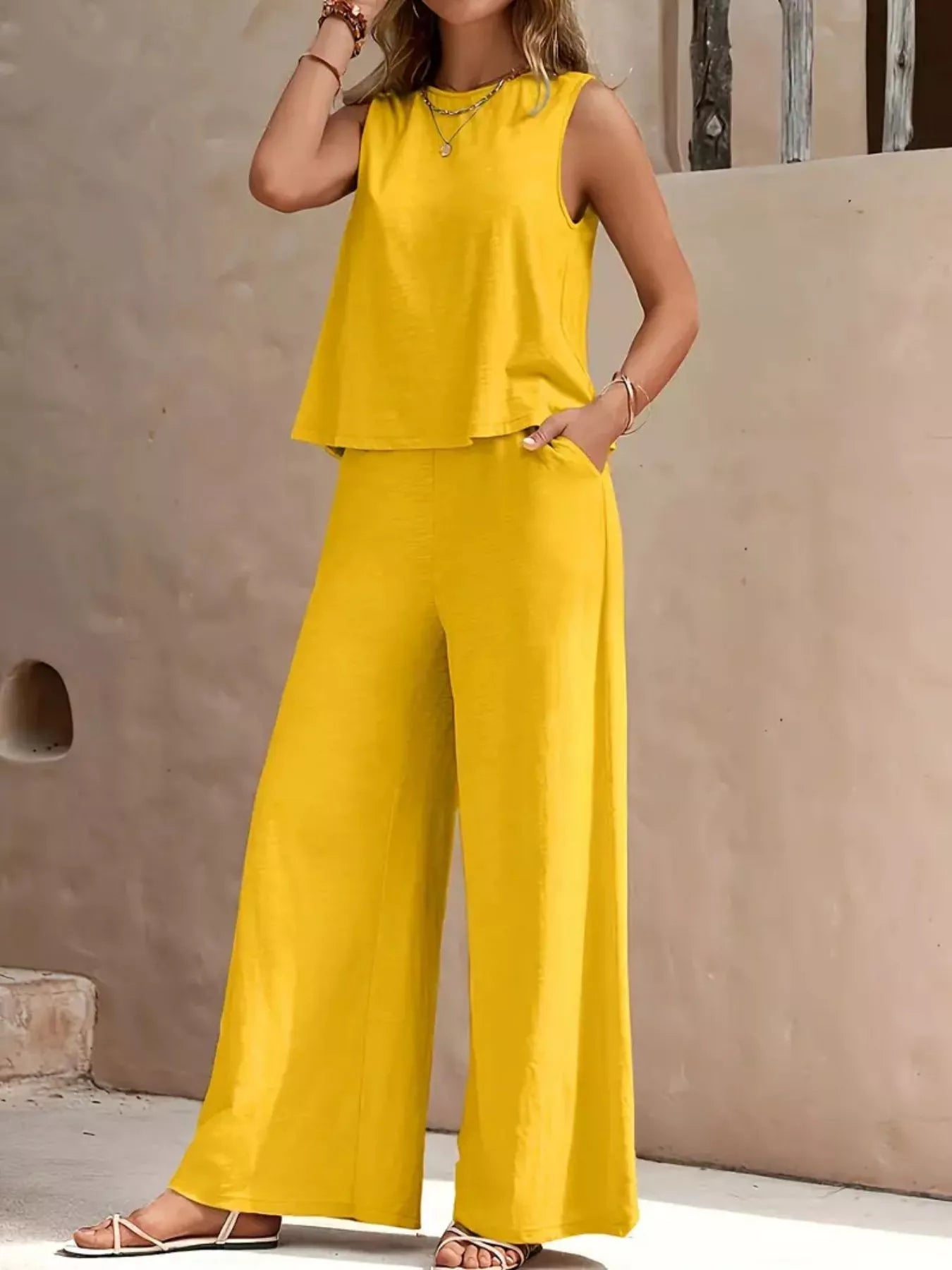 Sarah Express Women's Sleeveless Top and Wide Leg Pants Set Yellow