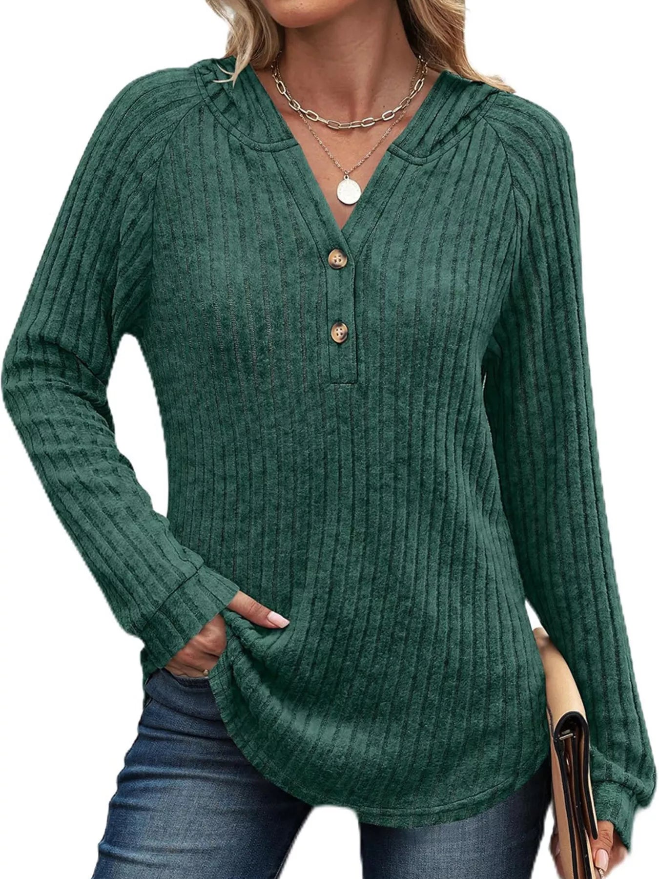 Sarah Express Women's Ribbed Knit Button Detail Hooded Top Green