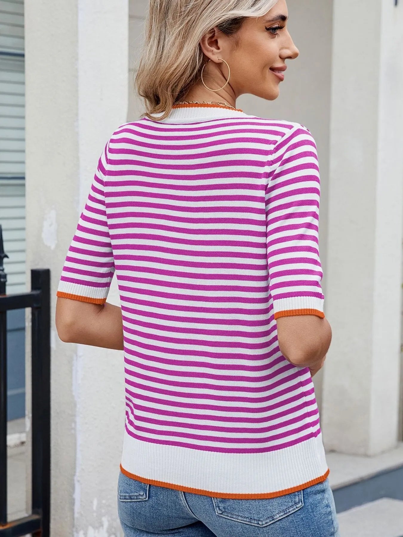 Sarah Express Women's Striped Casual T-Shirt with Contrast Trim