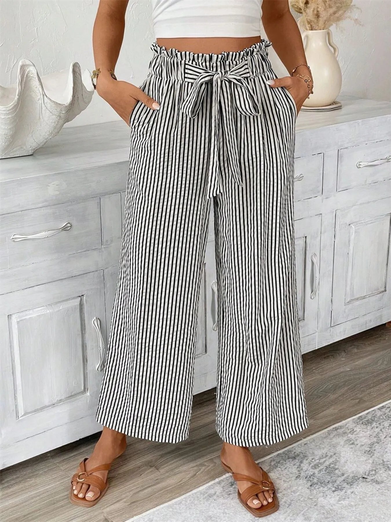Sarah Express Women's Striped Wide Leg Paper Bag Pants Plus Size Black