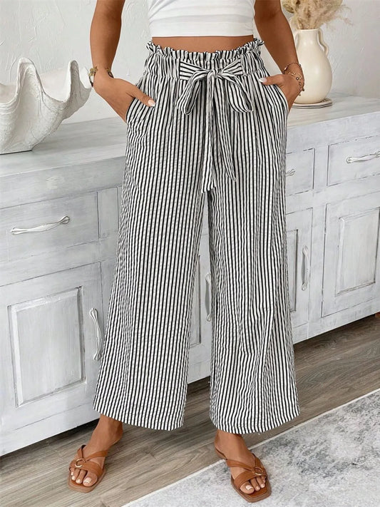 Sarah Express Women's Striped Wide Leg Paper Bag Pants Plus Size Black