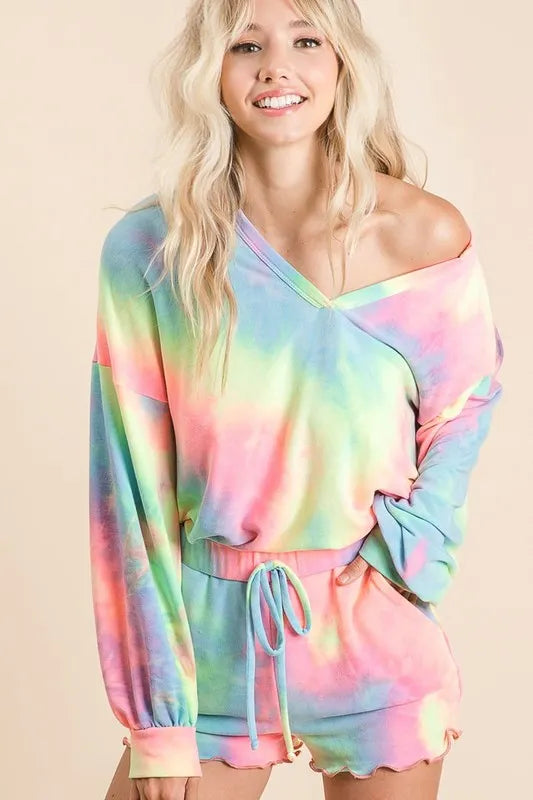 Sarah Express Women's Pastel Tie Dye V-Neck French Terry Sweatshirt with Balloon Sleeves