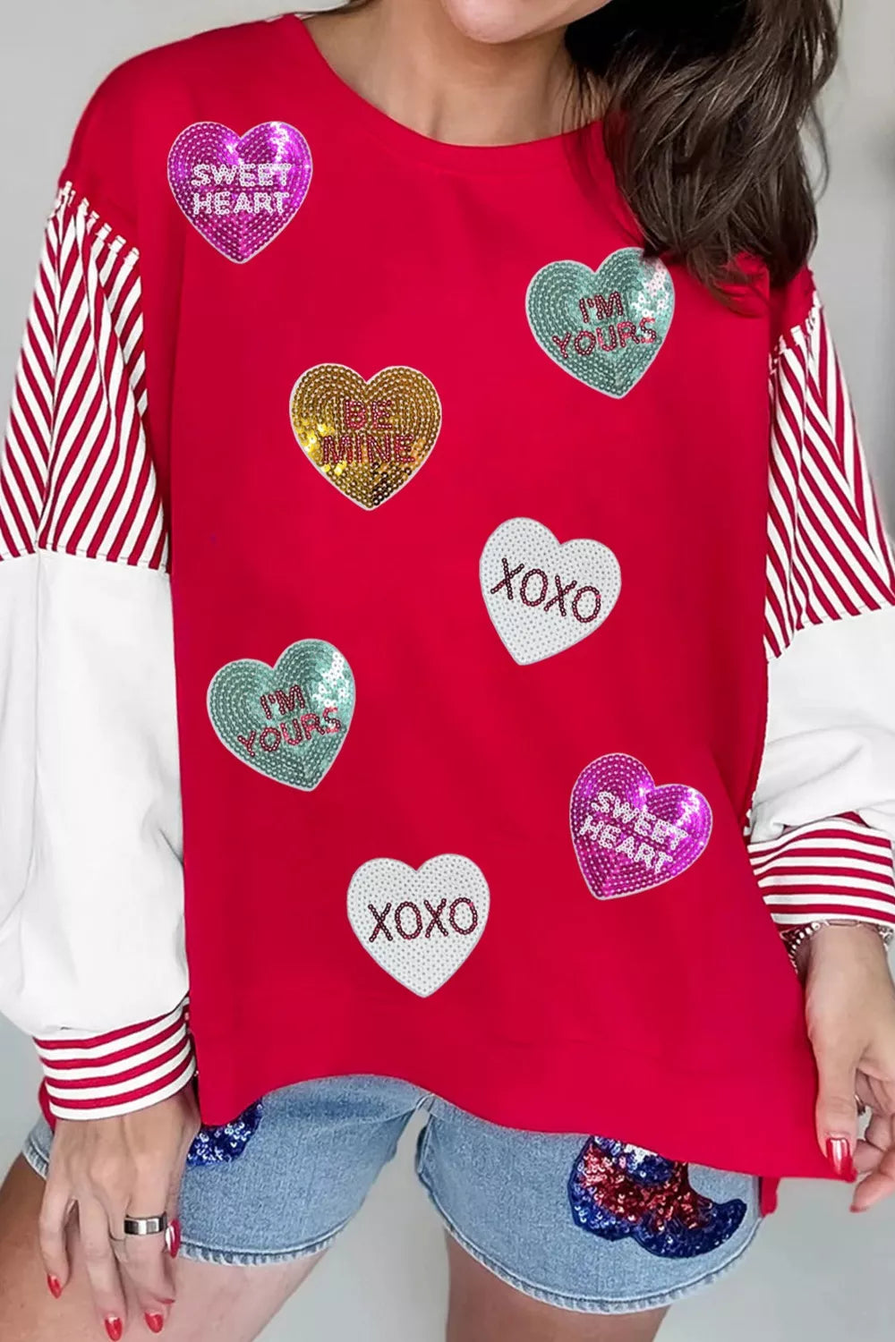 Sarah Express Women's Valentines Day Sequin Heart Striped Color Block Patchwork Sweatshirt Scarlet