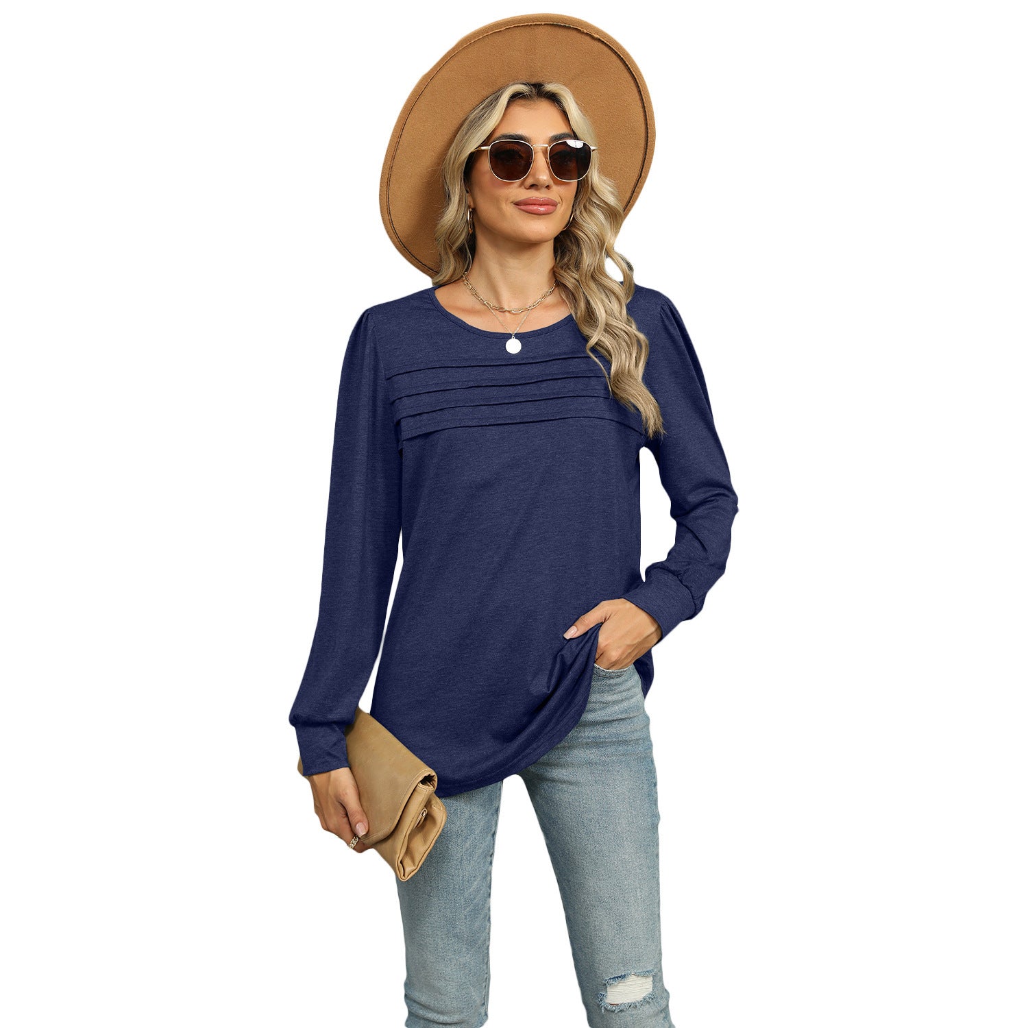 Sarah Express Solid Color U-Neck Pleated Long Sleeve Top for Women