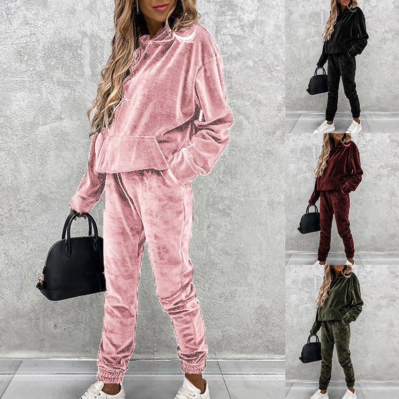 Sarah Express Velvet Hoodie Jogger Set Two-Piece Athleisure Tracksuit
