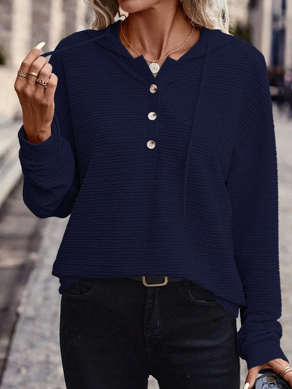 Sarah Express Women's Drawstring Quarter Button Long Sleeve Hoodie Dark Navy