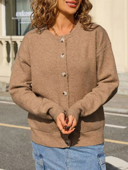 Sarah Express Women's Casual Button-Down Knit Cardigan - Cozy Acrylic Sweater with Pockets