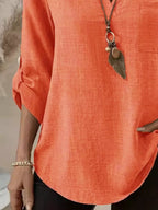 Sarah Express Women's Roll-Up Sleeve Notched Blouse