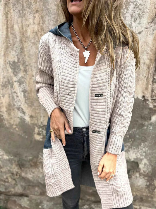 Sarah Express Women's Hooded Cable Knit Longline Cardigan - Plus Size Available Apricot