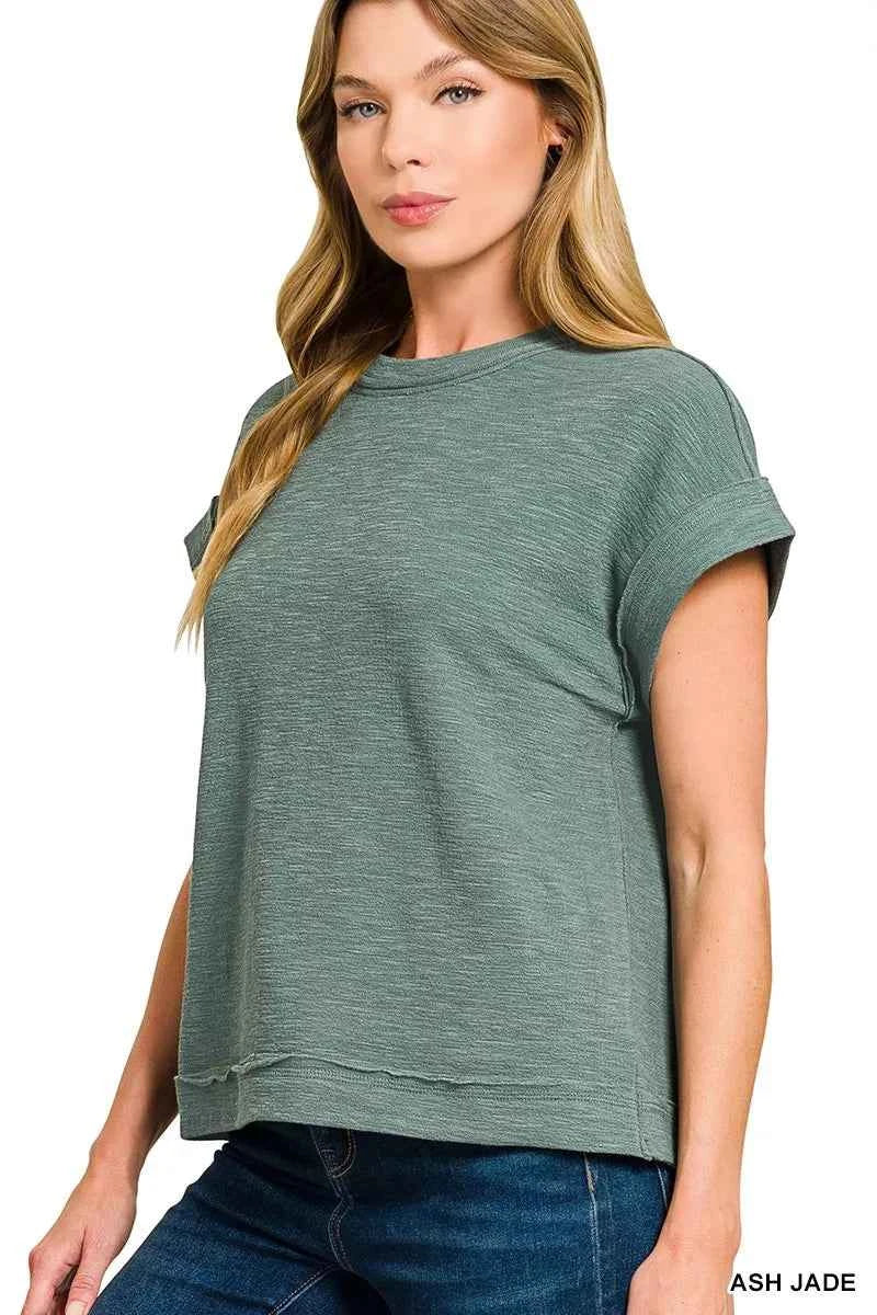 Sarah Express Women's Cotton Slub Short Sleeve Tee and Pants Set - Zenana Loungewear