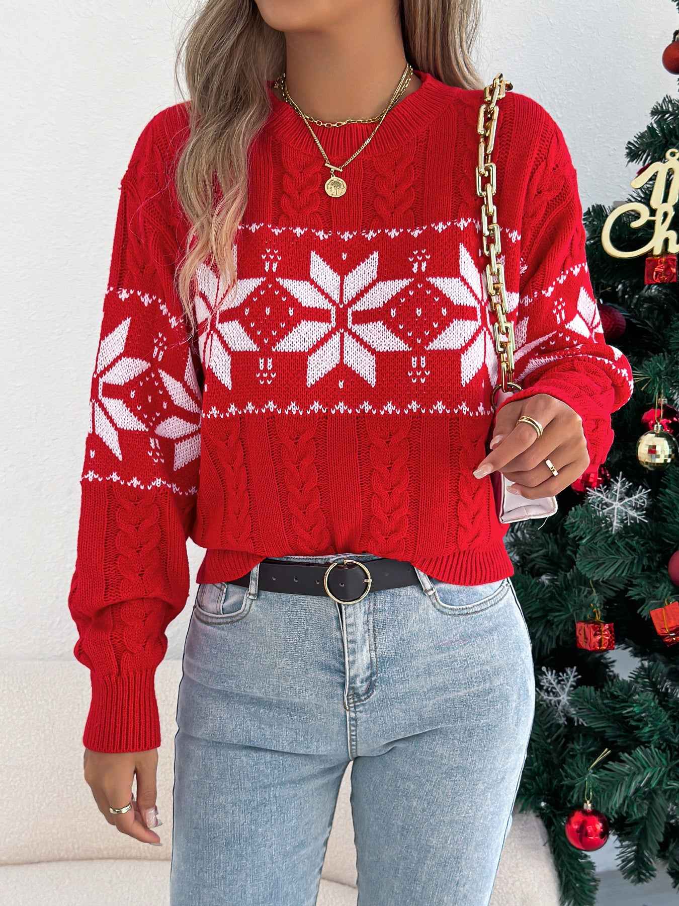Sarah Express Women's Snowflake Pattern Turtleneck Pullover Sweater - Lantern Sleeve Knit Red