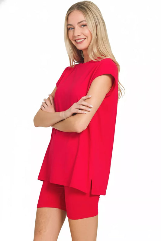 Sarah Express Women's Brushed Microfiber Top & Biker Shorts Set