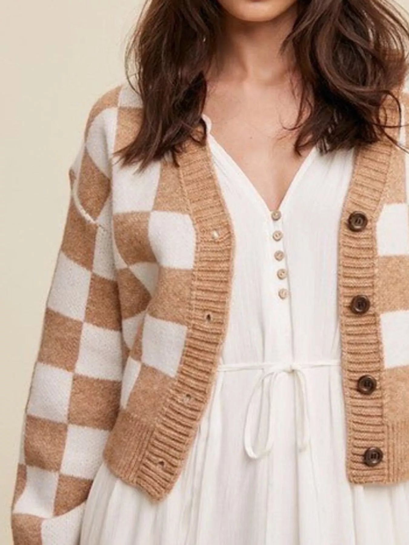 Sarah Express Women's Checkerboard Pattern Button-Down Cardigan